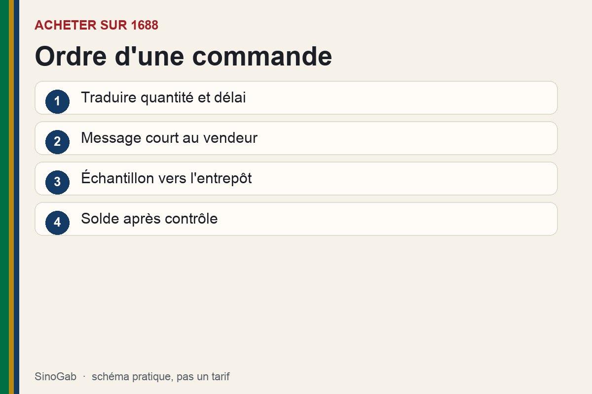 Acheter sur 1688. Schéma : Ordre d'une commande. Traduire quantité et délai ; Message court au vendeur ; Échantillon vers l'entrepôt ; Solde après contrôle.
